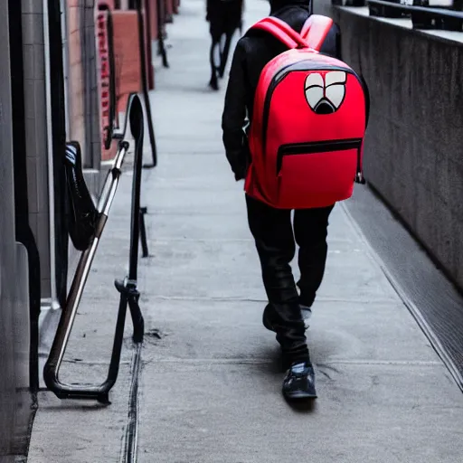 Image similar to photo of spiderman with a backpack on his way to school on the streets of new york, lonely atmosphere, cinematic