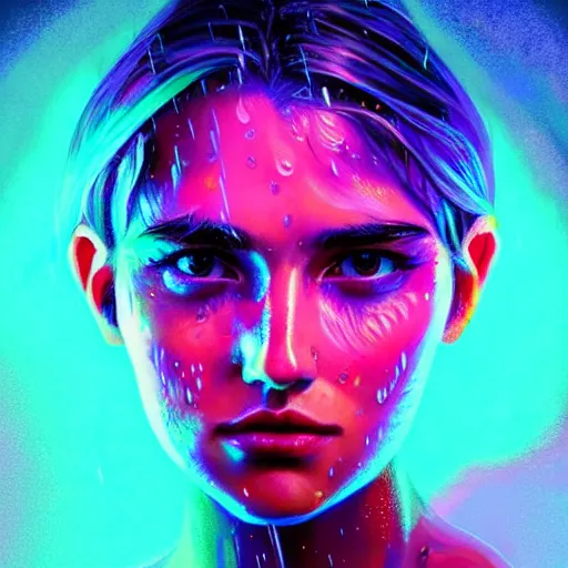 Image similar to bright asthetic portrait LSD glowing backlit rain on face and wet hair in strands, overhead lighting, fantasy, intricate, elegant, dramatic lighting, highly detailed, lifelike, photorealistic, digital painting, artstation, illustration, concept art, smooth, sharp focus, art by John Collier and Albert Aublet and Krenz Cushart and Artem Demura and Alphonse Mucha