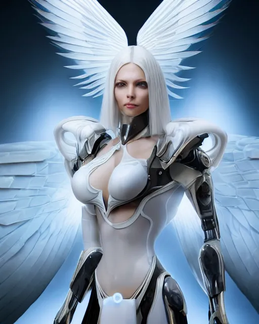 Image similar to perfect white haired attractive egyptian goddess with huge white dove wings, warframe armor, beautiful, symmetric, charlize theron, half asian, pretty face, blue eyes, cyborg, scifi platform, laboratory, experiment, 4 k, ultra realistic, epic lighting, android body, illuminated, cinematic, masterpiece, art by akihito tsukushi, voidstar