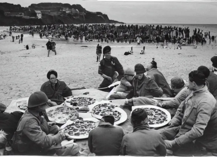 Image similar to vintage photo of a pizza party on omaha beach in normandy