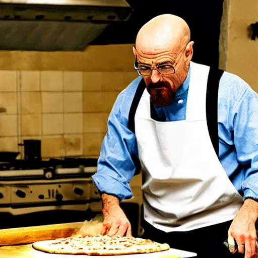 Prompt: walter white making pizza!!! margherita! with a blowtorch!! in the desert, dramatic lighting, still from breaking bad