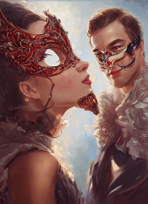 Image similar to a beautiful couple, a man and a woman, wearing elaborate masquerade masks and matching clothing, looking at each other with an alluring expression. painting by artgerm and greg rutkowski and magali villanueve