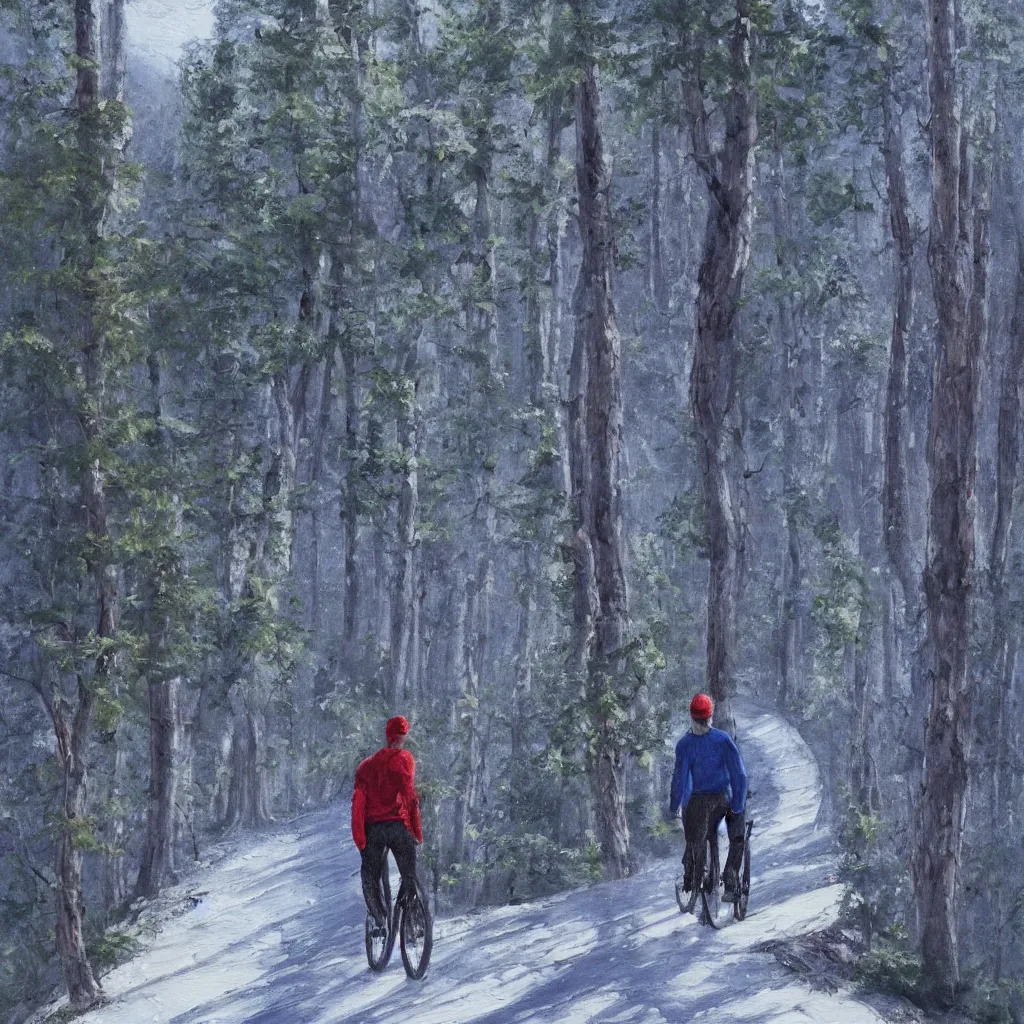 Image similar to Two men biking up a steep forest hill with a deep dark blue sweater and a wine red sweater. sweaty. Oil painting. Emotional. Trending on artstation. Steep. Nordic Trees. Rustic. Artistic.