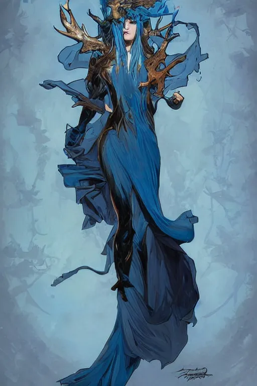 Image similar to fullbody!! dynamic action pose illustration, art by artgerm and greg rutkowski and alphonse mucha, beautiful woman with blue hair, antlers on her head, long flowing intricate black dress, dnd, face, fantasy, intricate, elegant, highly detailed, digital painting, artstation, concept art, smooth, sharp focus,