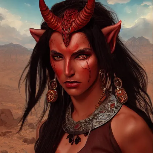 Image similar to portrait of a female berber tiefling with red skin, devil horns and black hair wearing a steel chestplate in a desert, fantasy, highly detailed, digital painting, artstation, concept art, character art, art greg rutkowski and alphonse mucha