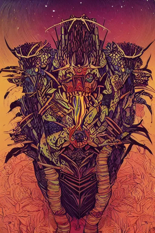 Image similar to totem animal tribal chaman vodoo mask feather gemstone plant video game illustration vivid color borderlands and by feng zhu and loish and laurie greasley, victo ngai, andreas rocha, john harris radiating a glowing aura