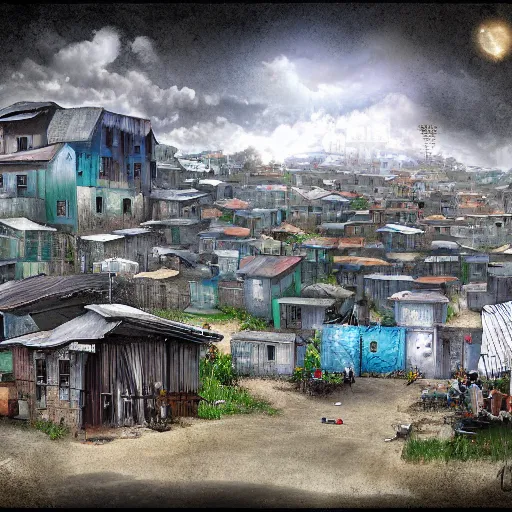 Prompt: the slums just outside the gates to the kingdom of heaven in the clouds, digital art