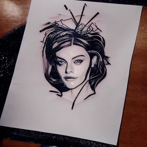 Image similar to double exposure tattoo design sketch of beautiful margot's robbie's face looking like beautiful mountains, in the style of matteo pasqualin, amazing detail