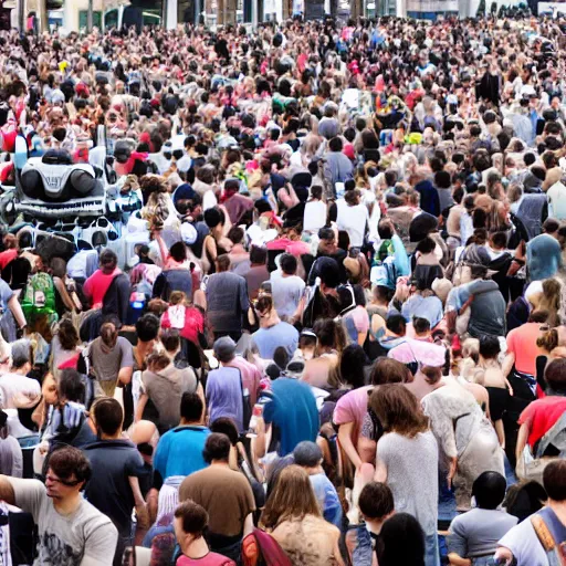 Image similar to huge crowd being forcefully relocated by evil robots, cinematic