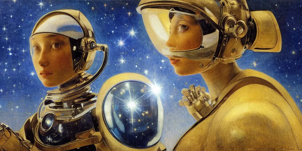 Image similar to portrait of a beautiful chrome female robot wearing a space helmet, reflections, mirroring, stars in space, rich clouds, warm azure tones, heavy lensflare, color bleed, film grain, depth of field, jules bastien - lepage, rudolph belarski, johfra bosschart, alexandre cabanel