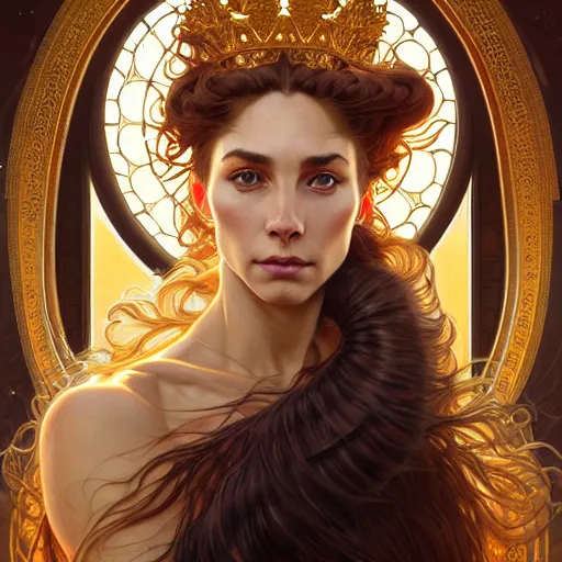 Image similar to majestic lioness queen as a beautiful woman. d & d, portrait, highly detailed, digital painting, trending on artstation, intricate details, energetic mood, golden ratio composition, concept art, sharp focus, illustration, art by artgerm and greg rutkowski and alphonse mucha and magali villeneuve, 8 k, 4 k,