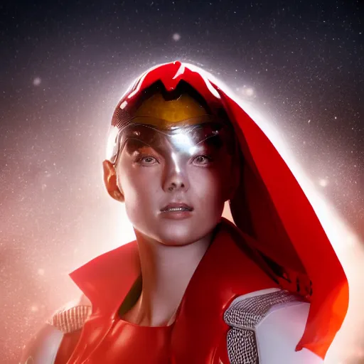 Image similar to headshot of an beautiful female soldier in futuristic intricate glossy sleek white armor with tiny red details and a long red cape, downward angle, determined expression, no helmet, on the surface of mars, night time, cinematic, sci-fi, hyperrealistic