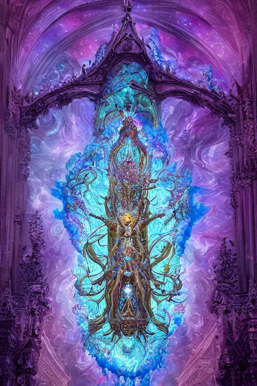 Prompt: intricately detailed calm warm terrifying forms and made of soft translucent blue and violet plastic, glowing cosmic nebulae in an ornate rococo cathedral, intricately detailed colorful modern style by Damien Hirst, Artstation