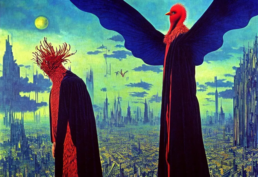 Prompt: realistic detailed portrait movie shot of a creaming birdman wearing black robes, sci fi city landscape background by denis villeneuve, amano, yves tanguy, alphonse mucha, ernst haeckel, max ernst, roger dean, masterpiece, rich moody colours, blue eyes