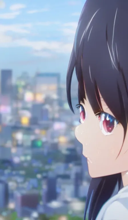 Image similar to anime fine details portrait of a school girl in front of modern tokyo city landscape on the background deep bokeh, close-up view, anime masterpiece by Makoto Shinkai, 8k, sharp high quality anime, artstation