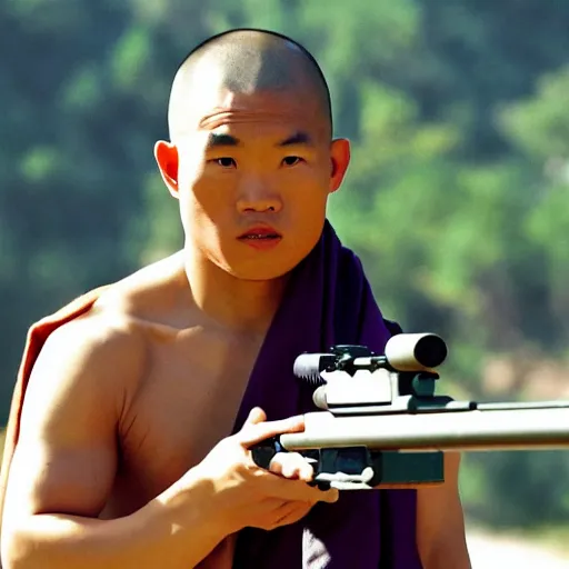 Image similar to a shaolin monk looking down the scope of a sniper rifle directly at the camera
