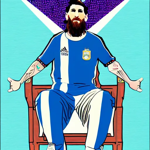 Image similar to messi sitting on a throne with argentina shirt, long beard, digital drawing, fantasy, vaporwave