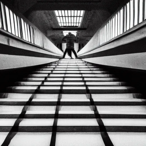 Image similar to black and white surreal photograph, highly detailed vast space made of stairsteps, sideview, detailed textures, natural light, mist, architecture photography, film grain, soft vignette, sigma 1 4 mm f / 1. 4 1 / 1 0 sec shutter, darren aronofsky film still promotional image, imax 7 0 mm footage