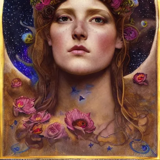 Image similar to queen of the moon with stars in her hair, by annie swynnerton and tino rodriguez and nicholas roerich and lucien freud and jean delville and tom bagshaw, dramatic lighting, floral tattoos, rich colors, smooth sharp focus, extremely detailed, adolf wolfli