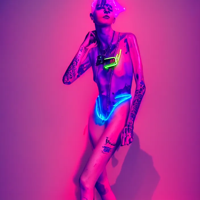 Prompt: beautiful girl dressed in Die Antwoord style wear, neon light, balenciaga fashion, glowing purple, vibrant red, fashion studio lighting, cinematic, high realistic,vogue magazine style, trending on artstation