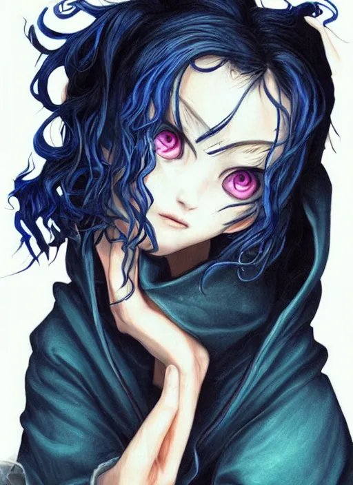 Prompt: medium shot A twelve years old girl with orange eyes, dark blue!! short curly dark blue dyed!! hair i a black hoodie with white!! eyes!! ornament!! and grunge jeans, with the black cauldron, making a potion, blue shiny lighting, beautiful fantasy art by By Artgerm and Hayao Miyazaki, trending on artstation