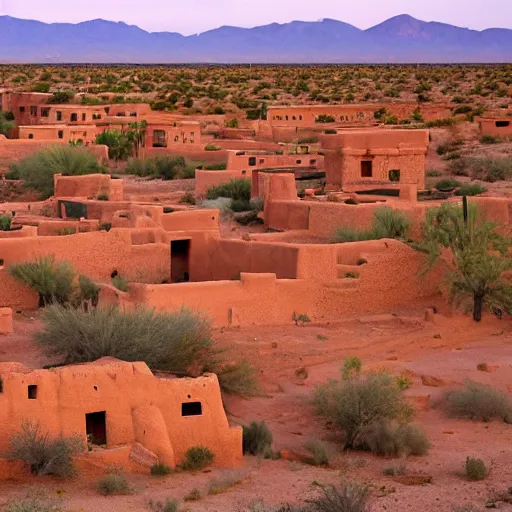 Image similar to on top a wide mesa sits a village of mud and bricks houses, adobe houses, in the arizona desert. Trending on 500px