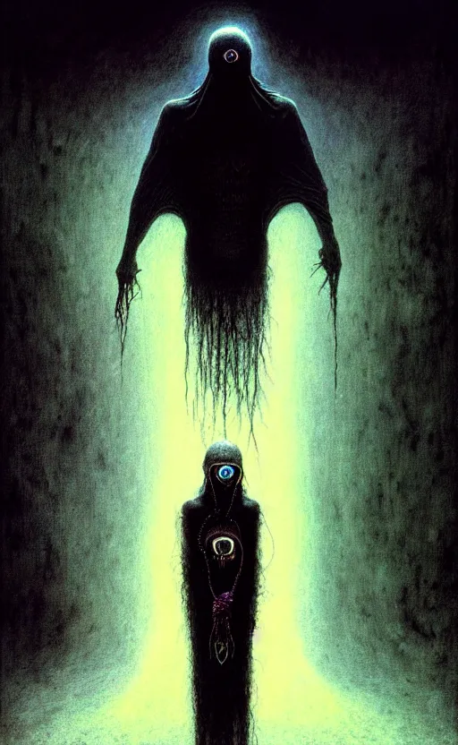 Image similar to a striking full body portrait of a pitch black masked eldritch shaman by moebius and beksinski and artgerm, detailed artwork, realism, 4 k resolution, detailed, high quality, sharp focus, hq artwork, insane detail, volumetric lighting, character concept art, fine details, tarot card, clear subject