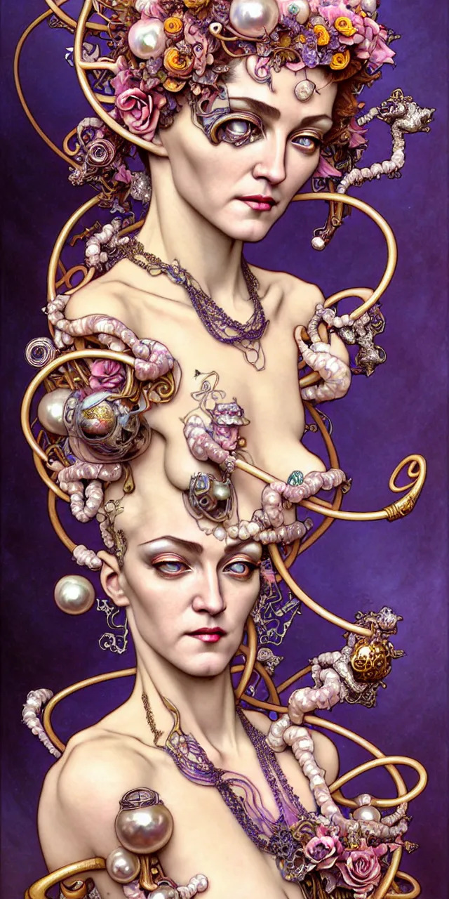 Prompt: beautiful madonna art nouveau fantasy character portrait, ultra realistic, intricate details, the fifth element artifacts, highly detailed by peter mohrbacher, hajime sorayama, wayne barlowe, boris vallejo, aaron horkey, gaston bussiere, craig mullins alphonse mucha, art nouveau curves swirls and spirals, flowers pearls beads crystals jewelry goldchains scattered