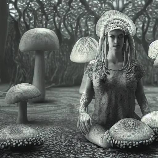 Prompt: mushroom goddess with group of elders in a ceremony for plant medicine, beautiful, hiroya oku, yoshitaka amano, chris cunningham, black and white, beautiful lighting, cinematic still, quantum gravity 3 d render, 8 k