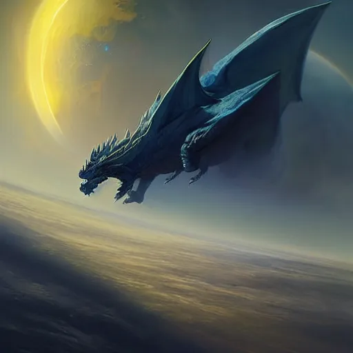 Prompt: Blue scaled dragon devouring an earth like planet while flying in space, sun system, nebula, digital art by Greg Rutkowski