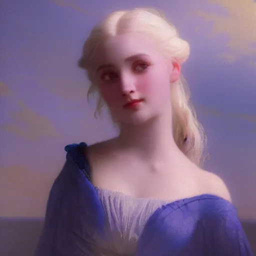 Prompt: a young woman's face, her hair is white and she wears an cobalt blue satin cloak, by ivan aivazovsky and syd mead and moebius and gaston bussiere and roger dean and pieter claesz and paul delaroche and alma tadema and aelbert cuyp and willam claesz, hyperrealistic, volumetric light, octane render