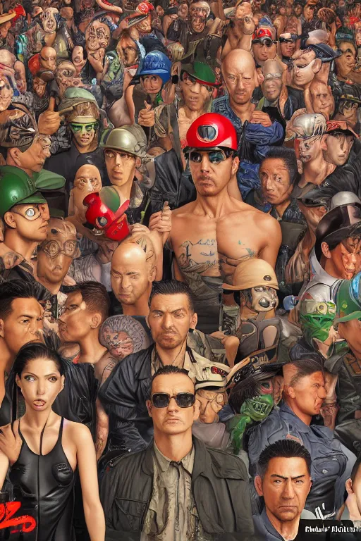 Image similar to place full of tunnel rats - pop art, hyperrealistic, detailed by artgerm and richard hamilton and mimmo rottela and bob rafei and kazuma kaneko and bengus and yoshitaka amano, face features, human anatomy features, sharp focus, realistic detail human composition, gta chinatown models, best rendered by krita by photoshop by octane