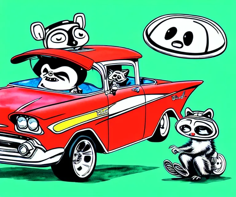 Image similar to cute and funny, racoon wearing a helmet riding in a tiny 1 9 5 7 chevy coupe, ratfink style by ed roth, centered award winning watercolor pen illustration, isometric illustration by chihiro iwasaki, edited by range murata