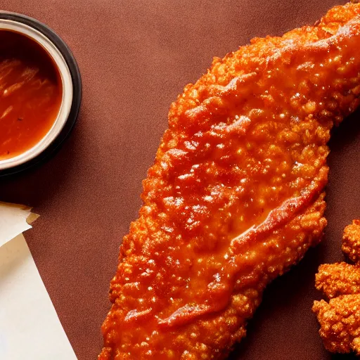 Image similar to 4 k uhd photo of a chicken strip covered in barbecue sauce, kfc product shot