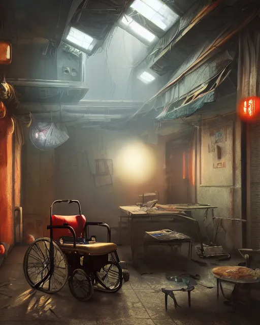 Prompt: artstation scifi scene of a shabby chinese ward, a bouquet of light on the ground business card, ceiling fan, wheelchair, crutches, beds, dust, paneled walls, unreal engine 5, hyper realism, realistic shading, cinematic composition, blender render, octane render, hdr, detailed textures, photorealistic, wide shot