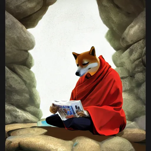 Image similar to a shiba inu monk reads a magazine on a rock, artstation