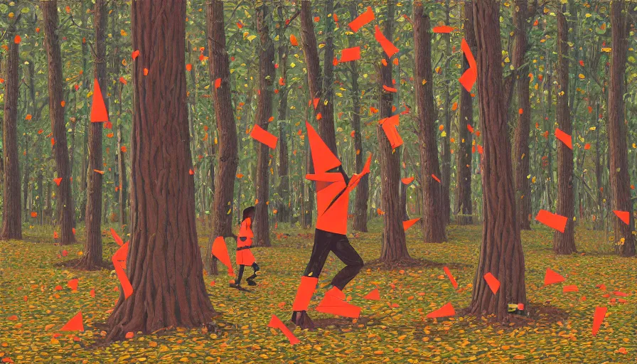 Image similar to safety cones scattered around an oak tree forest, man in bigfoot costume in the distance dancing, by james jean by ilya kuvshinov kintsugi, hyper detailed surrealist painting