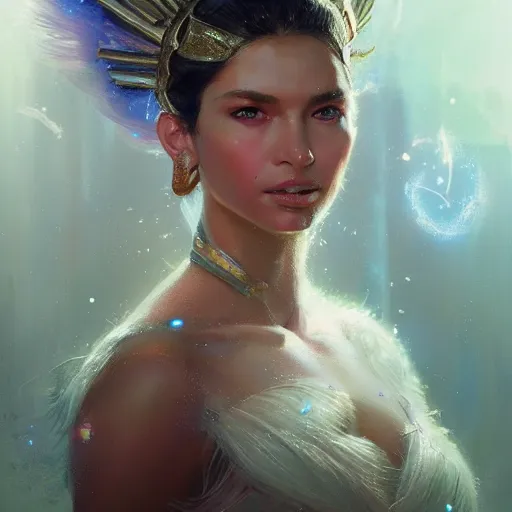 Image similar to a beautiful portrait of a goddess with sparkling skin by greg rutkowski and raymond swanland, trending on artstation