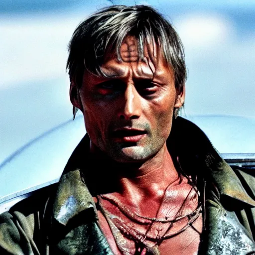 Prompt: A still of Mads Mikkelsen in Mad Max: Beyond Thunderdone (1985)