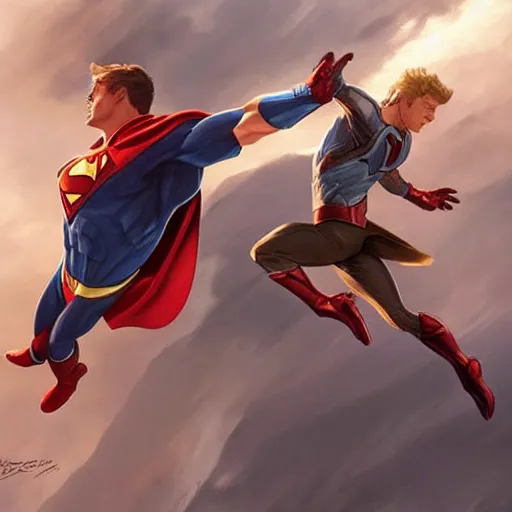 Image similar to a flying superhero catching a child that is falling from a cliff. photorealistic. realism. 4 k wideshot. cinematic. unreal engine. artgerm. marc simonetti. jc leyendecker