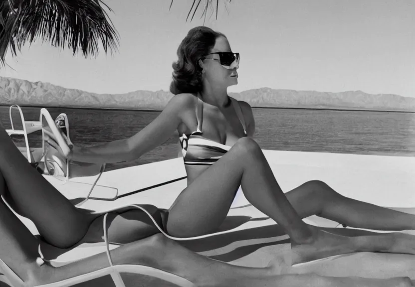 Prompt: A beautiful woman with sunglasses and a bikini, relaxing on a lounge chair by the pool in Palm Springs California, vintage, medium shot, stylistic, trending on Arstation, 1960s