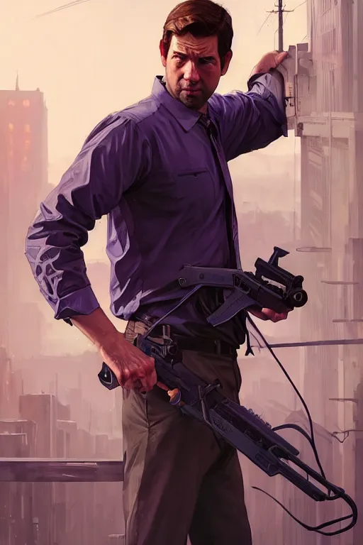 Image similar to gta jim halpert john krasinski profile picture by greg rutkowski, dynamic pose, intricate, futuristic, fantasy, elegant, by stanley artgerm lau, greg rutkowski, thomas kindkade, alphonse mucha, loish, norman rockwell, fantasy lut, asymmetric, long hair, retro computer graphics, video game, fluid lines,