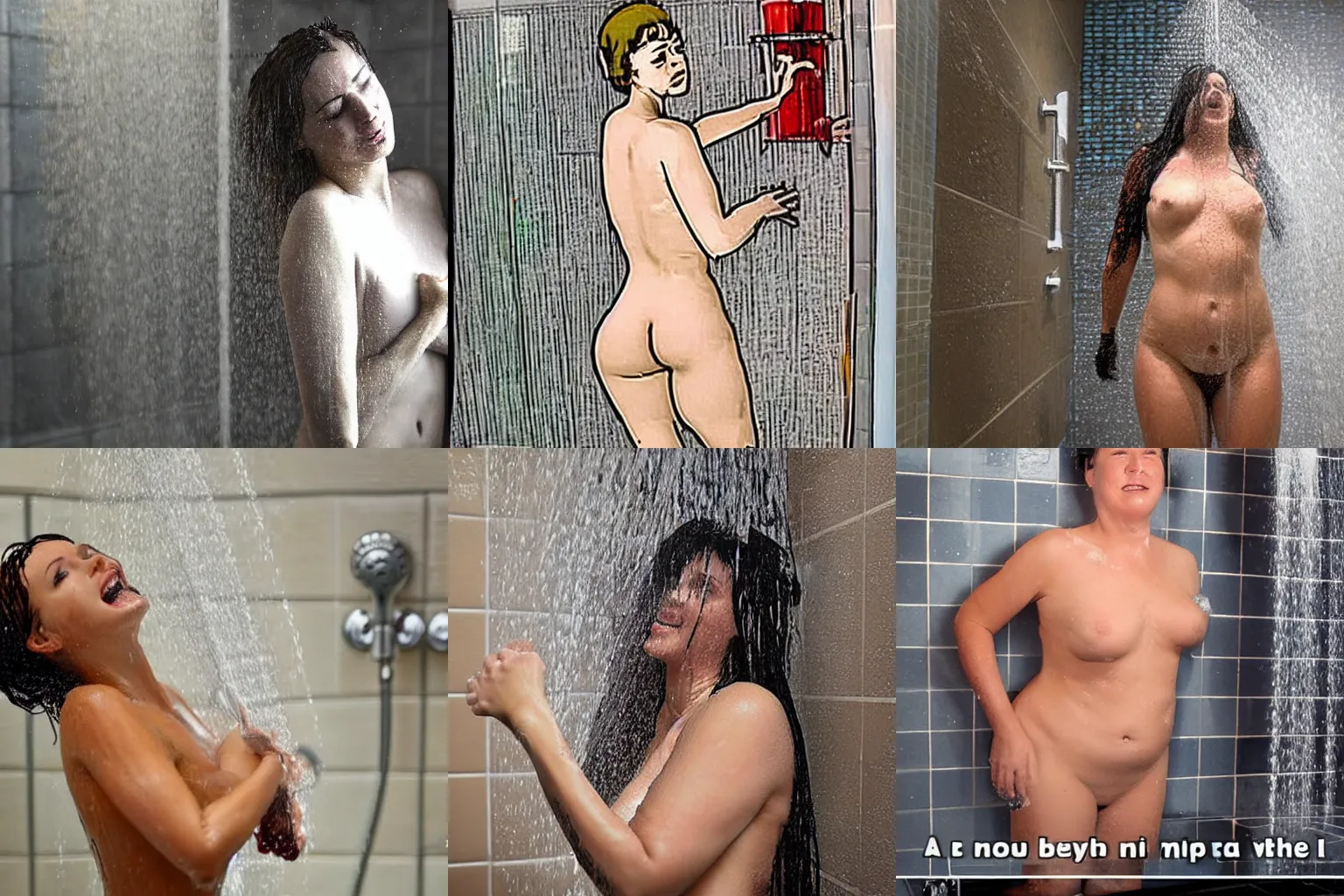 Prompt: a meme of a woman in the shower