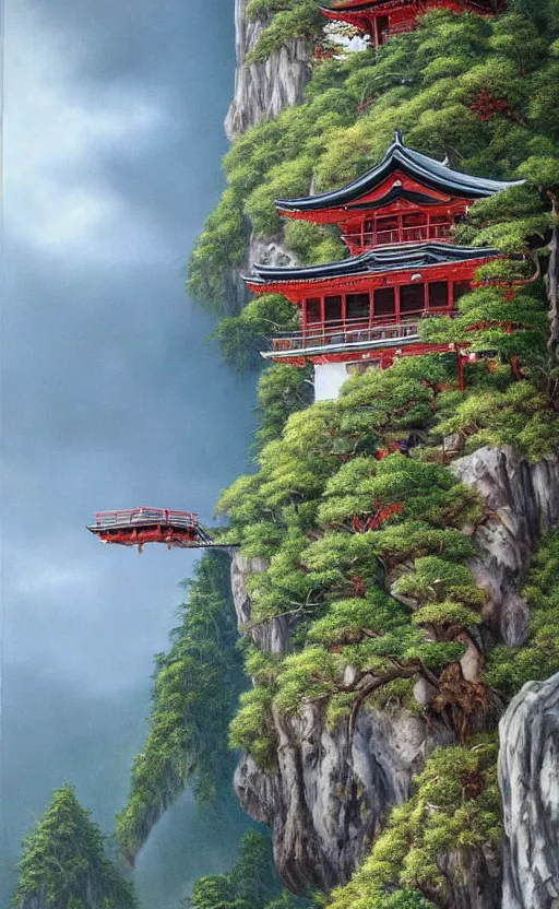 Image similar to amazing detailed intricate photorealistic painting of a house hanging off a cliff edge. a man is standing in the doorway waving. japan. hd. hq