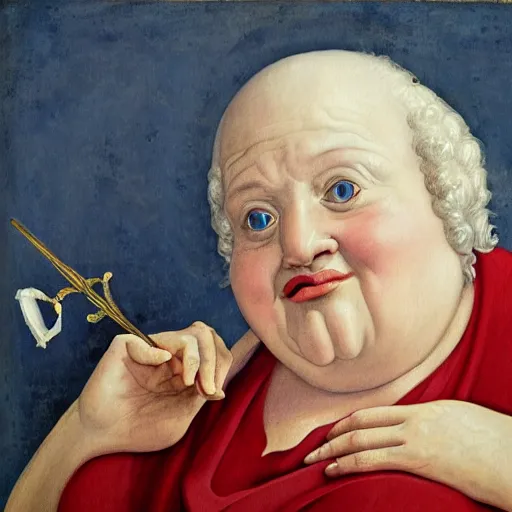 Image similar to of a very funny renaissance style oil painting of a sweet fat old woman kissing herself. symmetrical face, red mouth, blue eyes. a flowered dress. a hyper - realistic scene. 3 d, octane processing, deep focus, white scene. a very funny and sweet picture. unreal engine. watercolor. fellini style. poster quality. da vinci painting style.