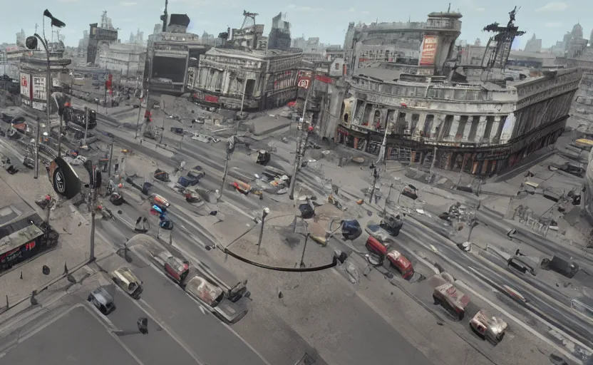 Image similar to Post apocalyptic Picadilly Circus, highly detailed, 4k, unreal engine