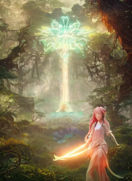 Image similar to breathtaking portrait of fantasy sorceress bright temple surrounded by lush forest meadow, by Hsiao-Ron Cheng and James jean and Miho Hirano and Hayao Miyazaki, octane render, RPG portrait, ambient light, dynamic lighting