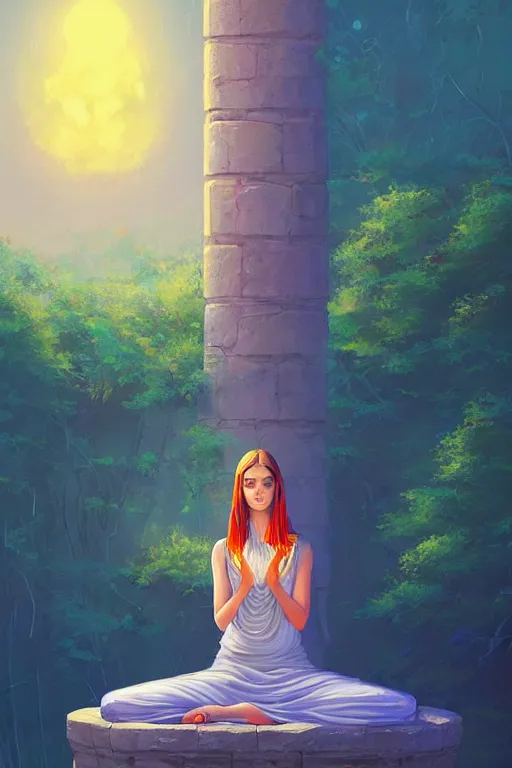 Prompt: a beautiful serene high priestess sits between moonstone pillars in quiet contemplation holding the divine law in her lap, 8 k resolution digital painting, vibrant colors, by michael whelan, by alena aenami, behance hd, trending on artstation deviantart