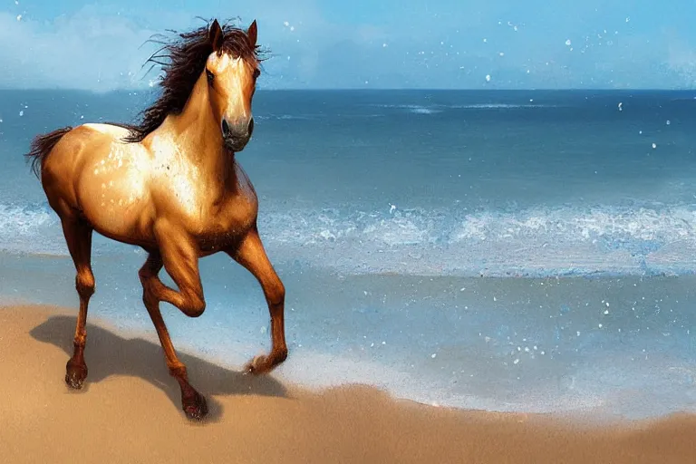 Image similar to a horse running on the beach by greg rutkowski, golden ratio