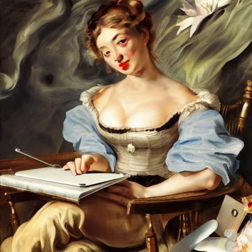 Image similar to heavenly summer sharp land sphere scallop well dressed lady working on her laptop auslese, by peter paul rubens and eugene delacroix and karol bak, hyperrealism, digital illustration, fauvist, looking at her imac laptop